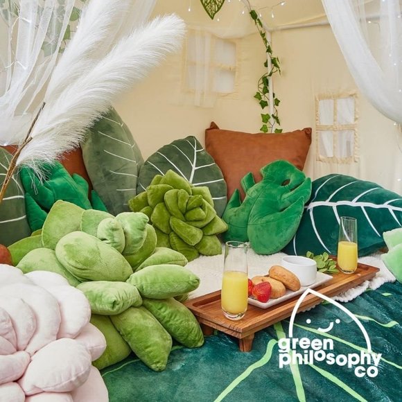 Green 3D Accent Monstera Deliciosa Succulent Philosophy Plush Leaf Throw Pillow - Picture 3 of 8